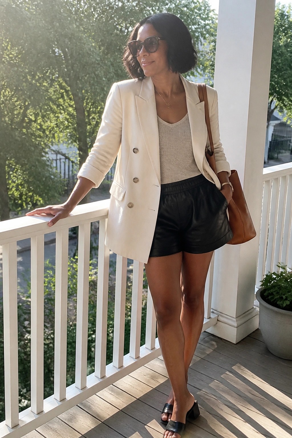 Woman in white blazer, beige knit top, and black leather shorts on porch railing.