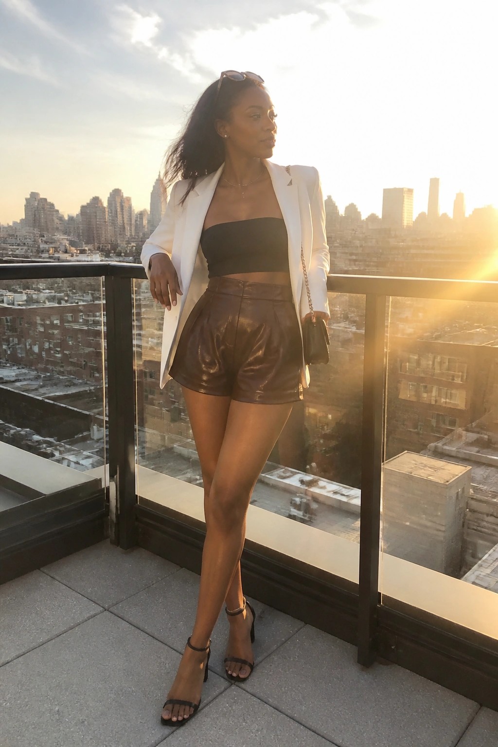 A Black woman in a white oversized blazer over a black strapless crop top paired with high-waisted brown leather shorts, black strappy heels, a small black chain-strap bag, and delicate gold jewelry.