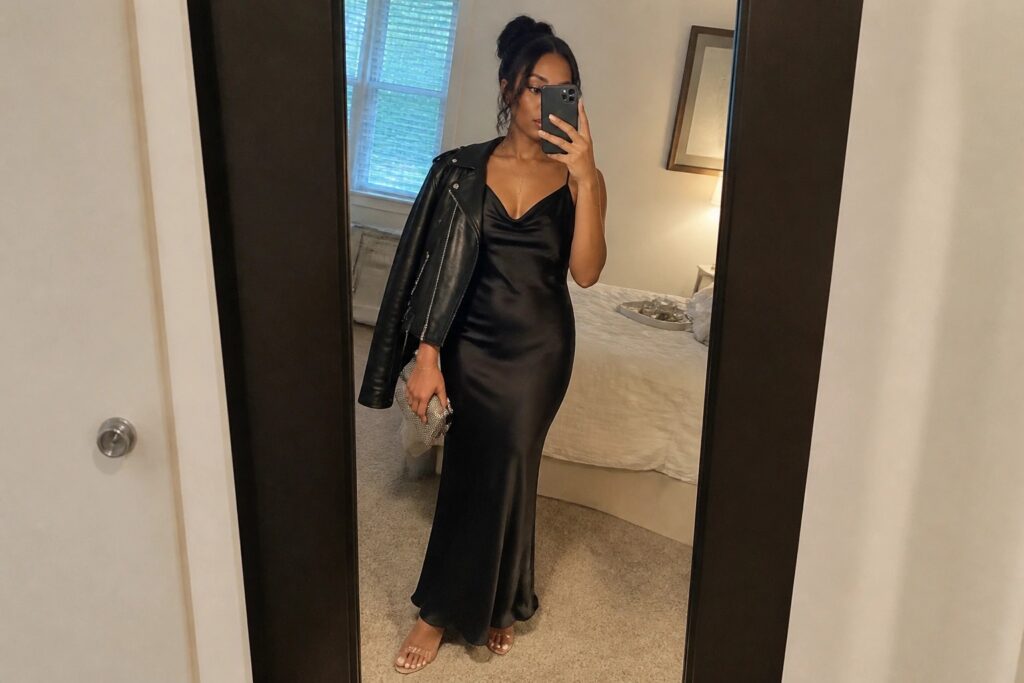 19 Trendy Night Out Outfits for Black Women Perfect for Clubs, Bars, and Lounges Woman wearing a black satin maxi slip dress with a cropped black leather jacket draped over one shoulder, clear strappy heels, and holding a silver clutch while taking a mirror selfie in a bedroom.