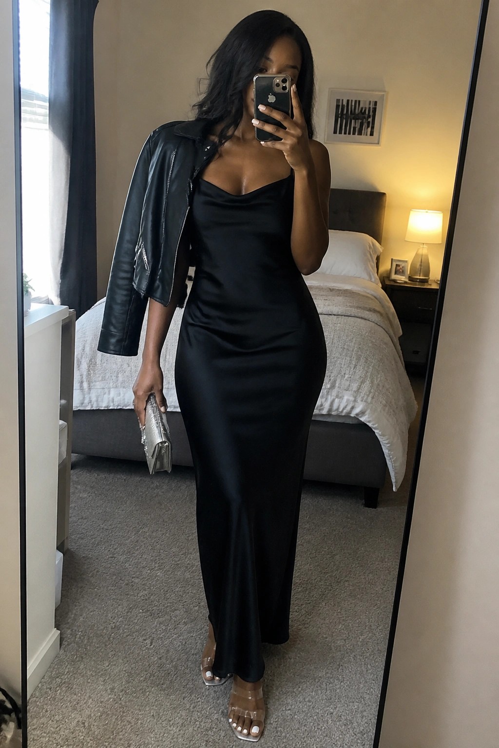 Woman wearing a black satin maxi slip dress with a cropped black leather jacket draped over one shoulder, clear strappy heels, and holding a silver clutch while taking a mirror selfie in a bedroom.