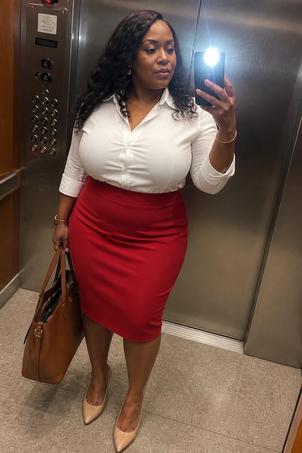 Woman in white blouse and red pencil skirt taking elevator selfie with brown handbag