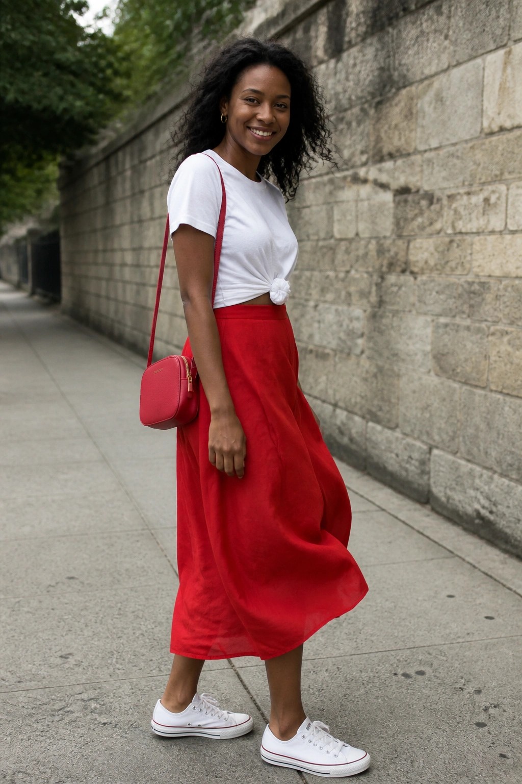 Woman in white knotted t-shirt and red midi skirt with red bag and white sneakers