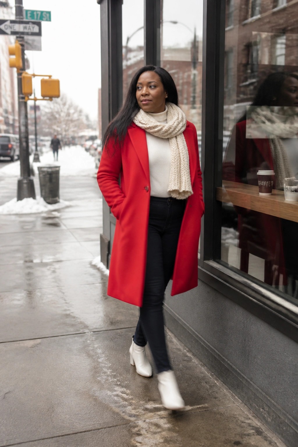 Woman in red coat and white boots on snowy city sidewalk