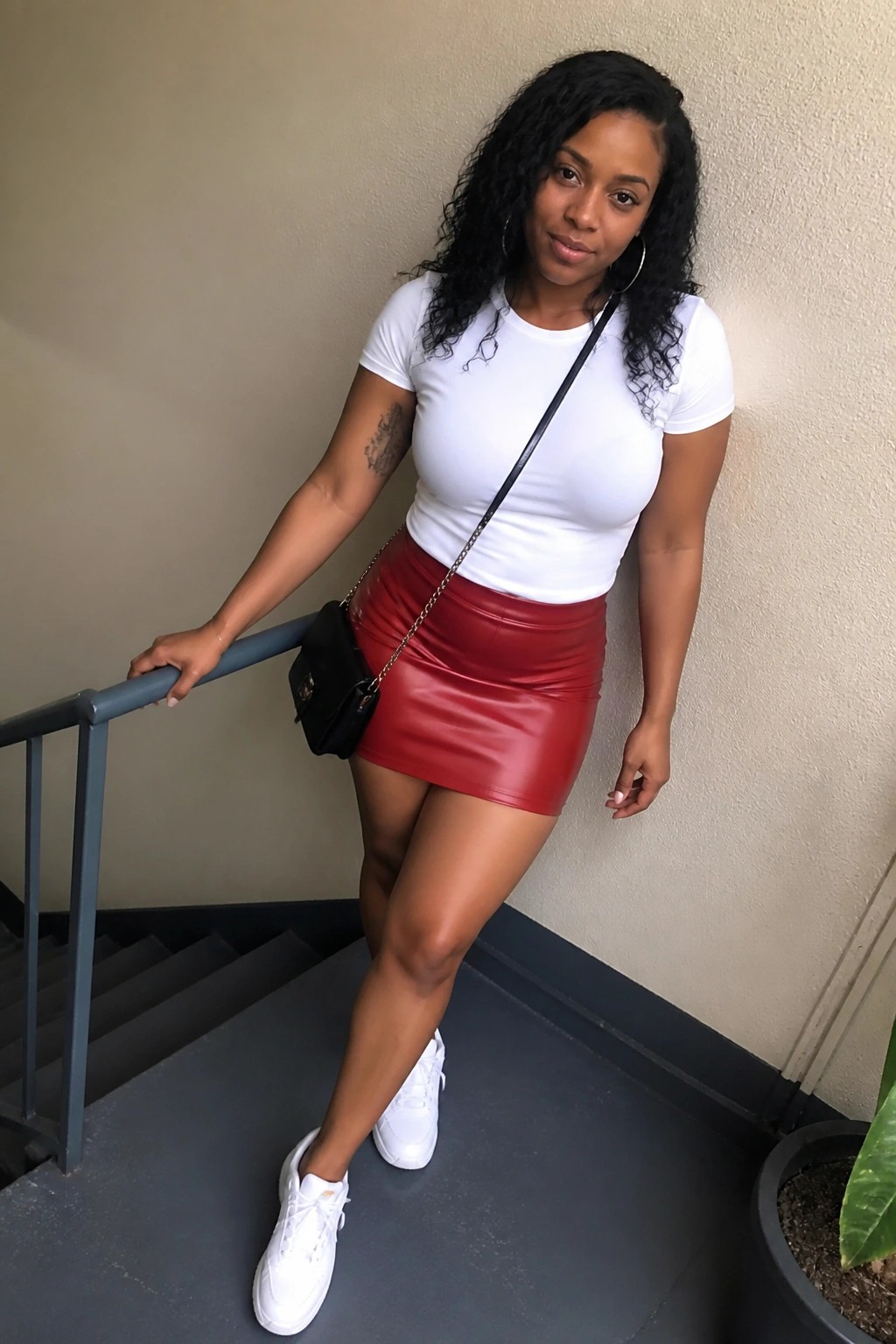 Woman in white t-shirt and red leather mini skirt on stairs with black bag