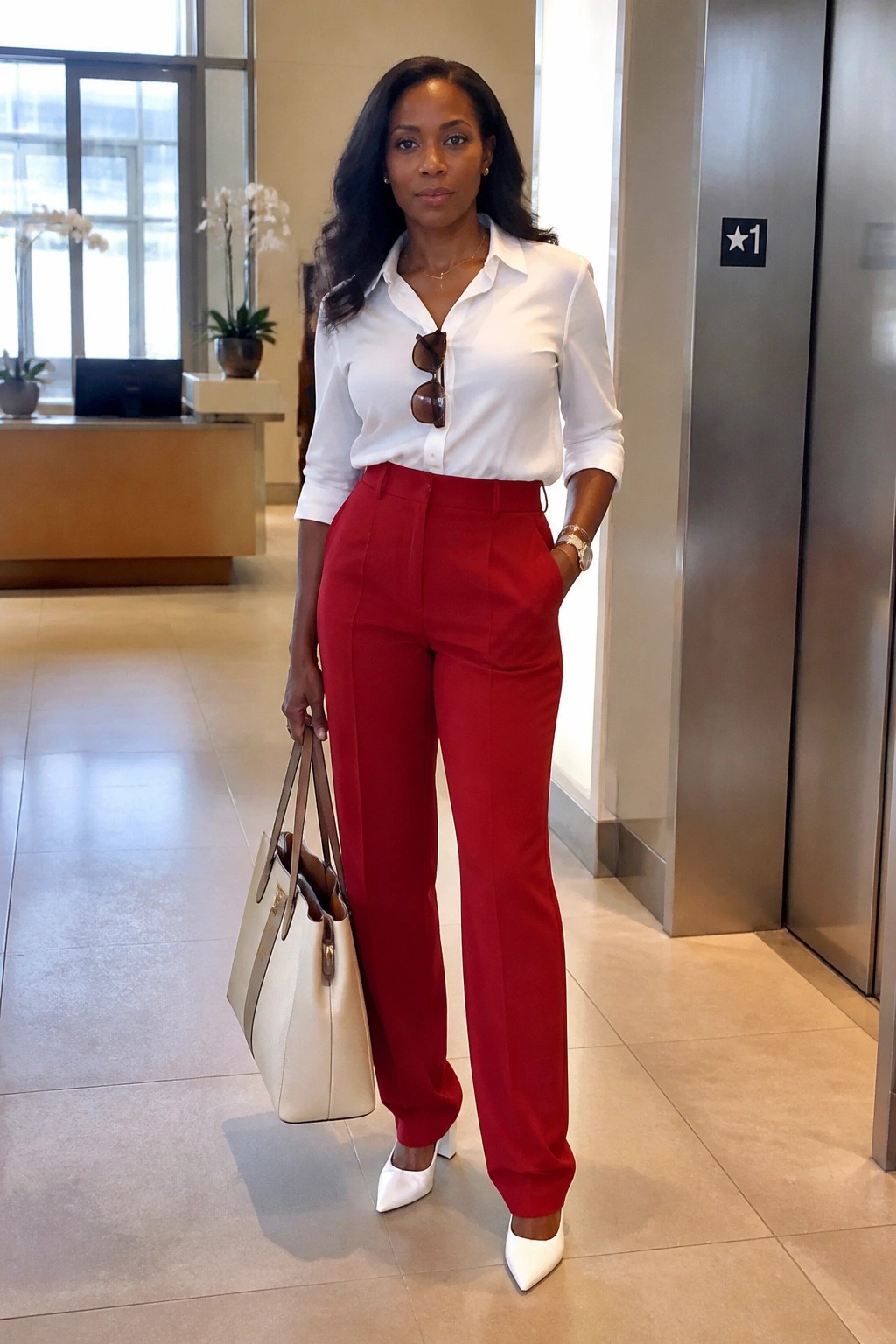 A Black woman in a white button-up shirt tucked into red trousers paired with white pointed heels and a white handbag.