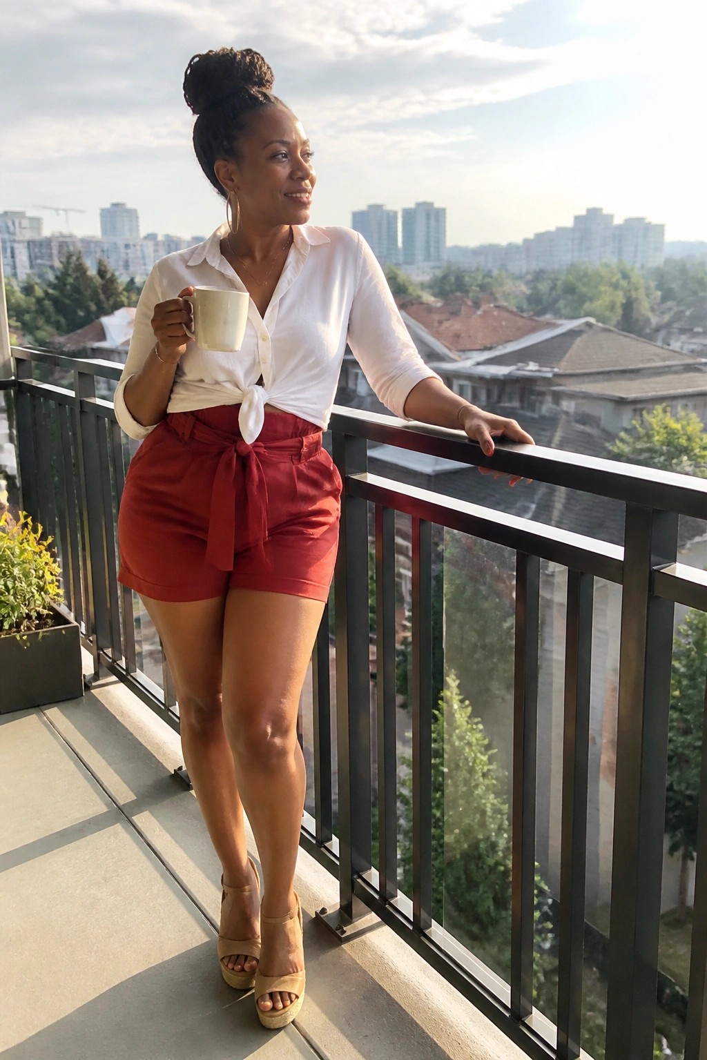 Smiling woman in white tied shirt and red shorts holds mug on city balcony.