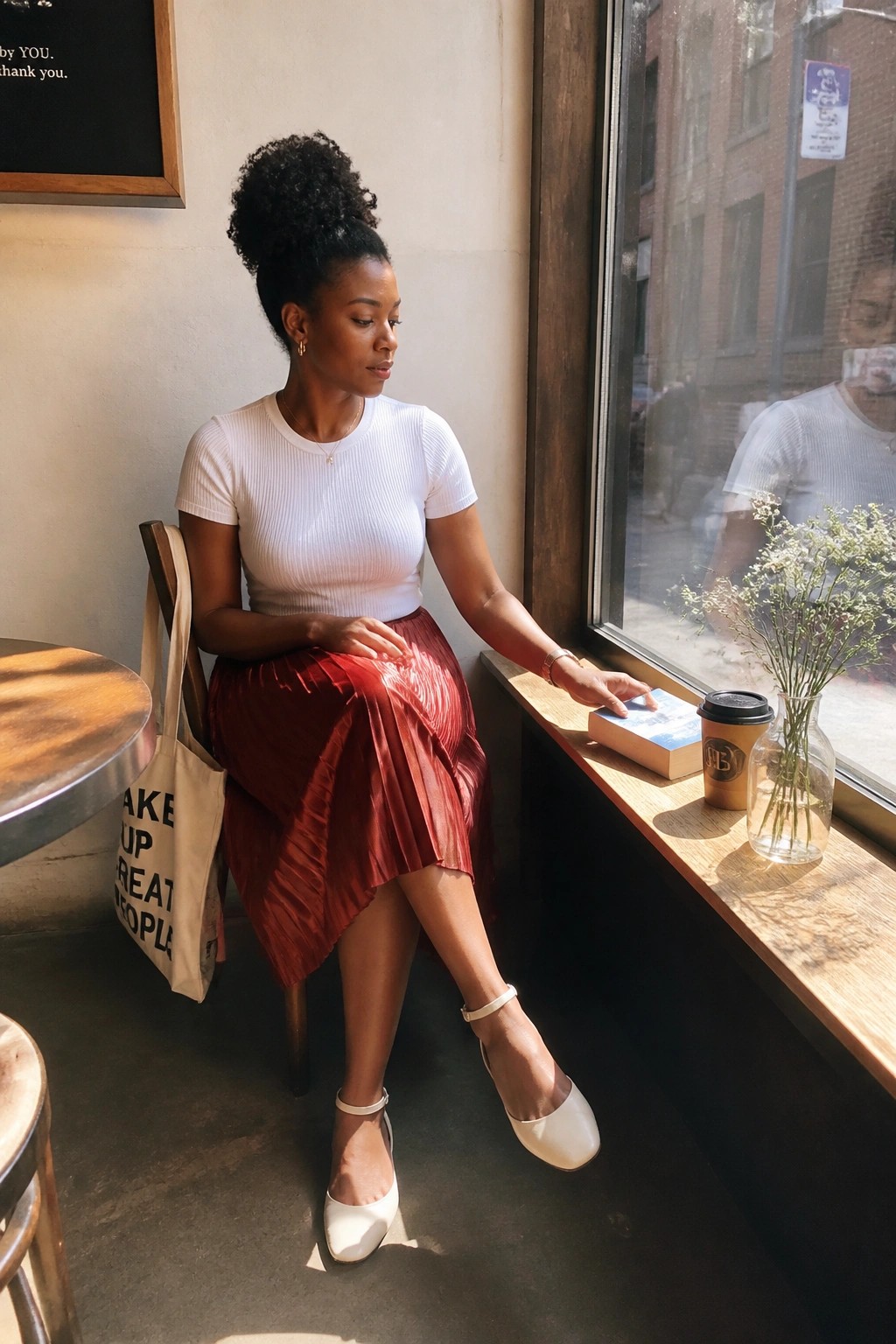 Woman in white top and red skirt by sunny cafe window with book and coffee.