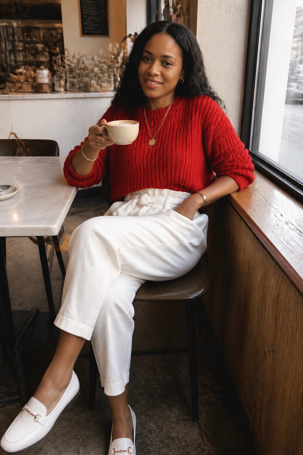 A Black woman in a red chunky knit sweater tucked into white wide-leg pants with a waist tie, finished with white loafers and layered gold necklaces, seated while holding a coffee cup.