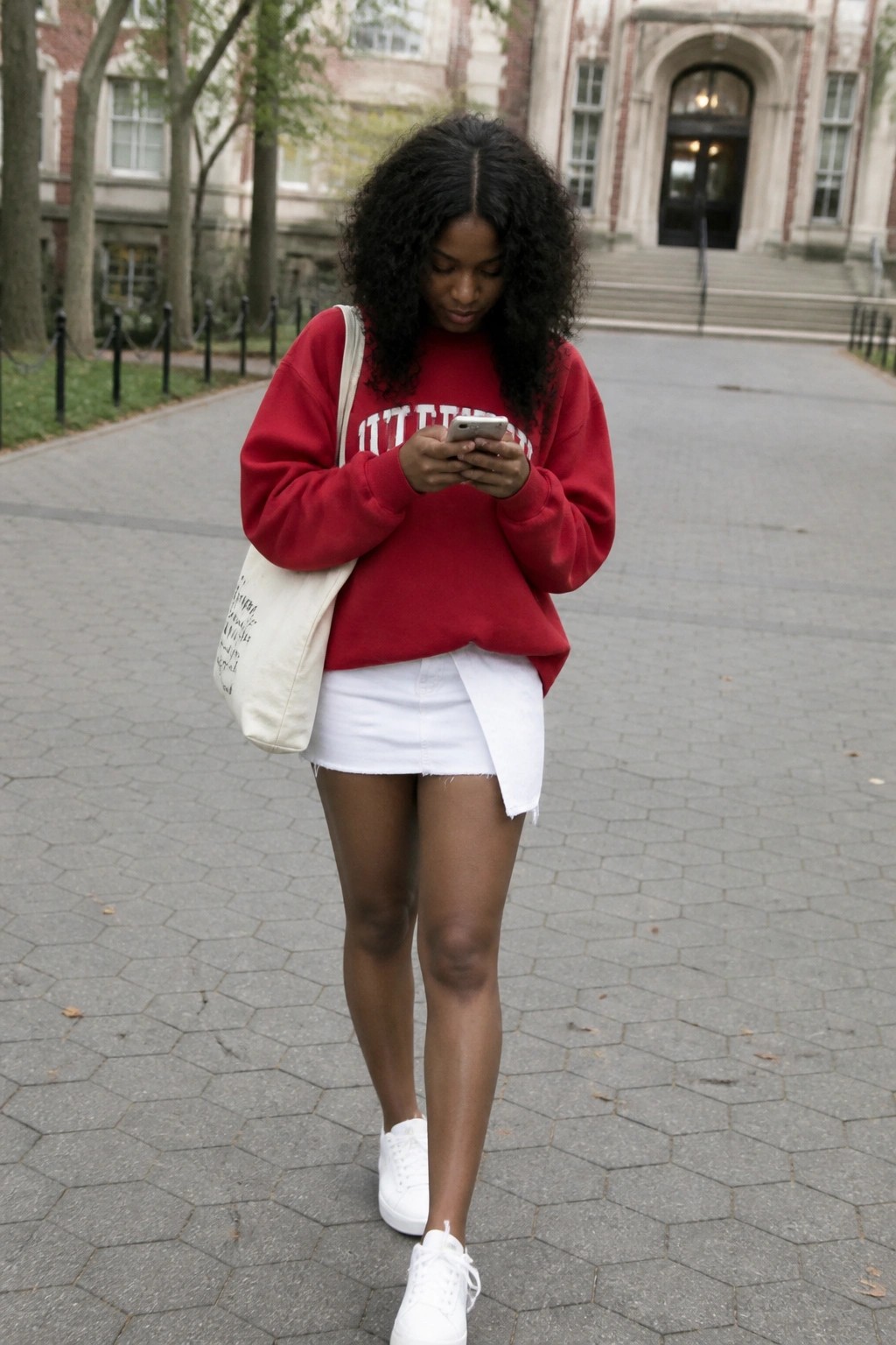 Woman in red sweatshirt and white skirt checks smartphone on brick walkway