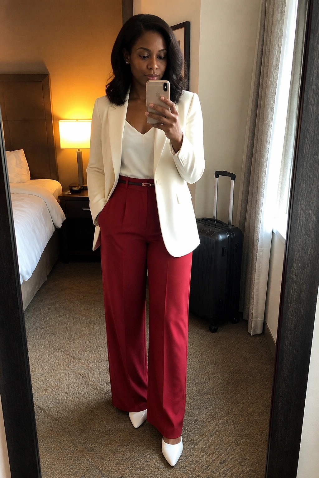 Woman in white blazer and red pants taking mirror selfie in hotel room