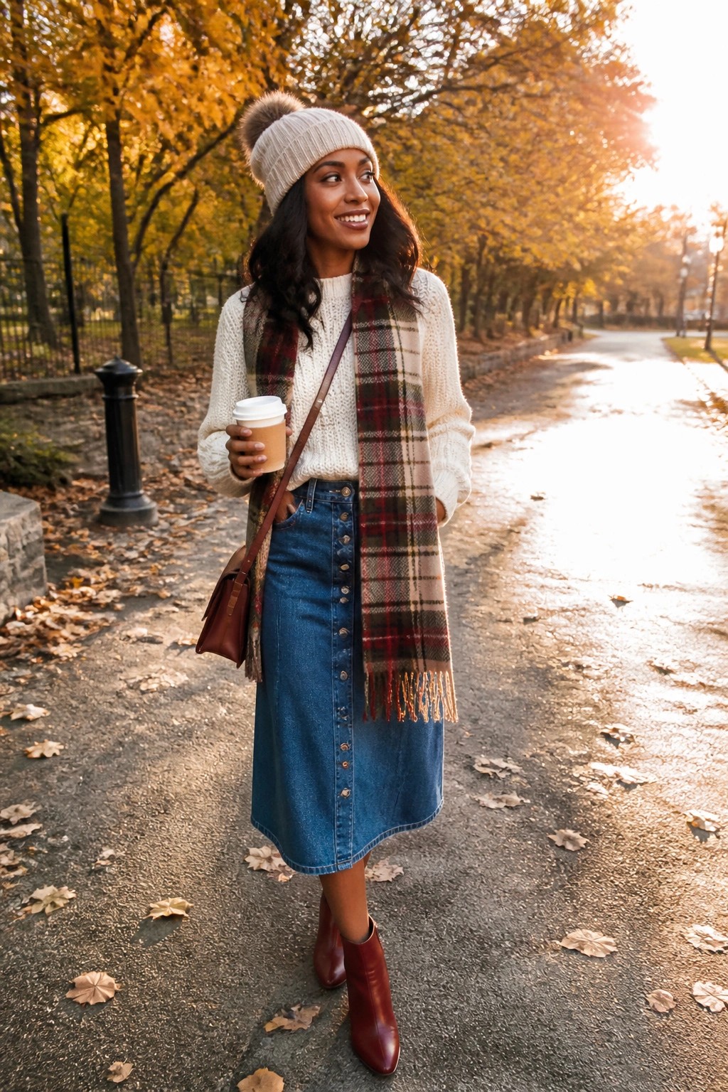 Smiling woman in knit hat, plaid scarf, denim skirt holds coffee amid autumn leaves.