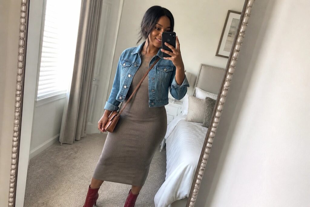 Woman in gray ribbed dress and denim jacket taking mirror selfie wearing red boots