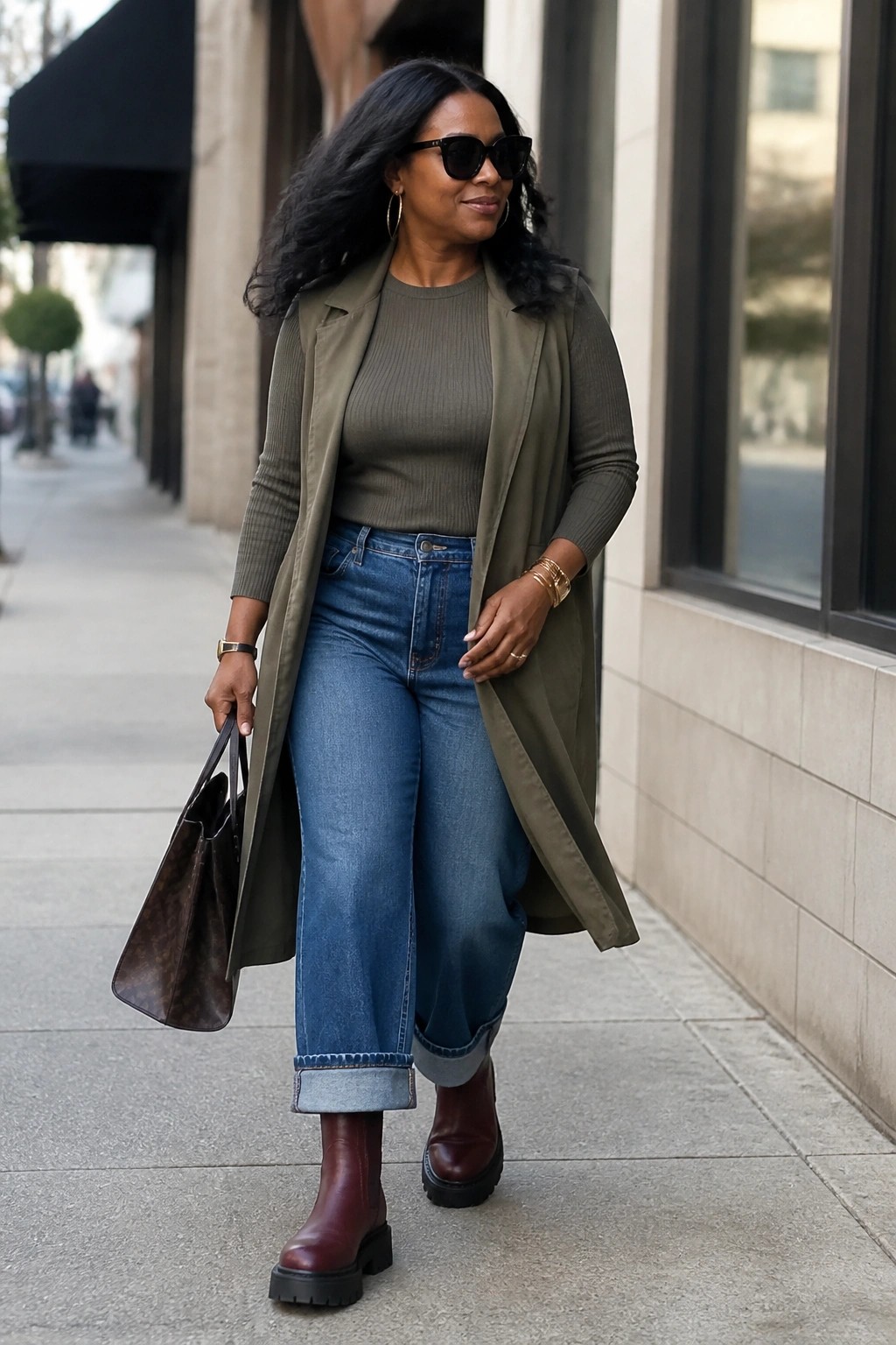 Black woman wearing an olive green long open vest over a matching ribbed top, blue wide leg cuffed jeans, and maroon platform boots while carrying a brown monogram tote.