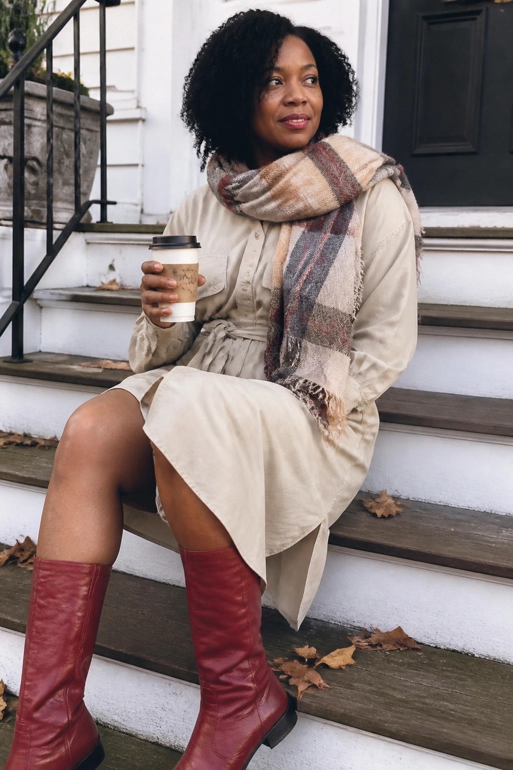 Woman in beige dress, plaid scarf, red boots holds coffee on porch steps