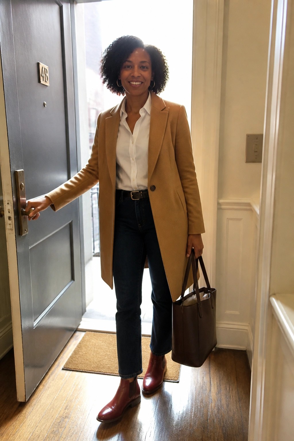 Smiling woman in tan coat, white shirt, jeans, and red boots holding brown tote by door