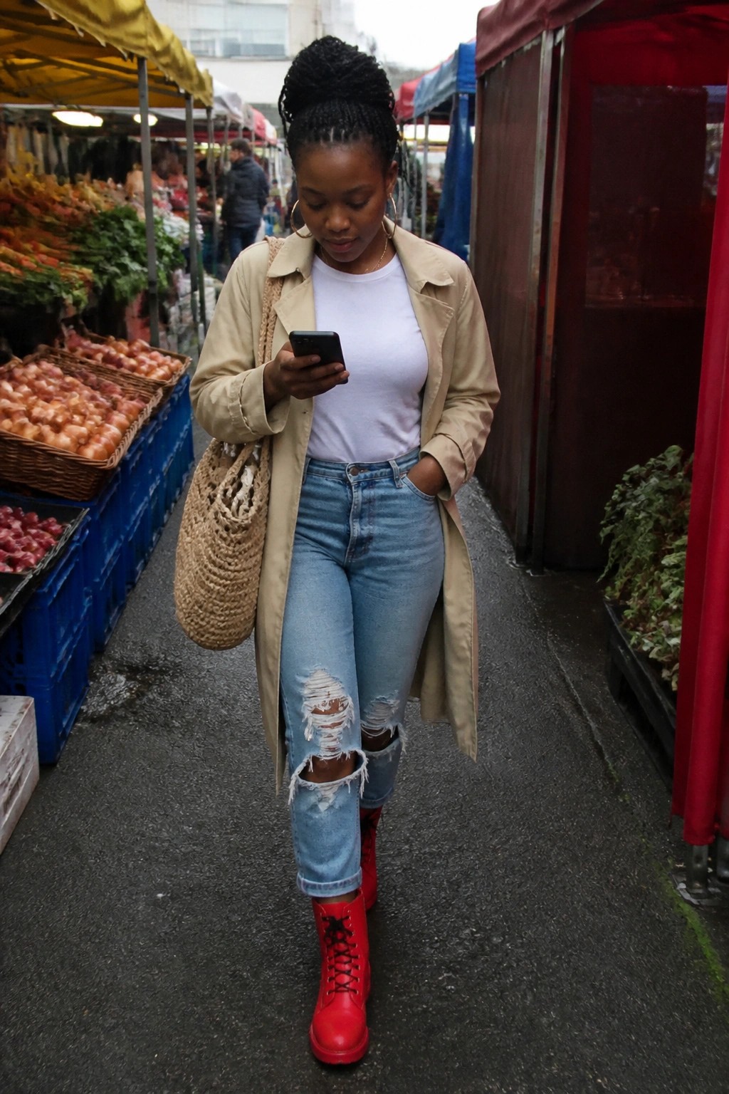 Woman wearing a beige trench coat over a white t-shirt and ripped blue jeans with bright red lace-up boots and a woven shoulder bag while checking her phone.