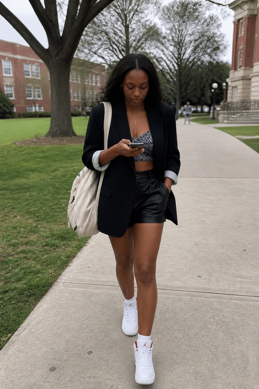 Woman in black blazer and leather shorts checks phone on campus path with backpack.