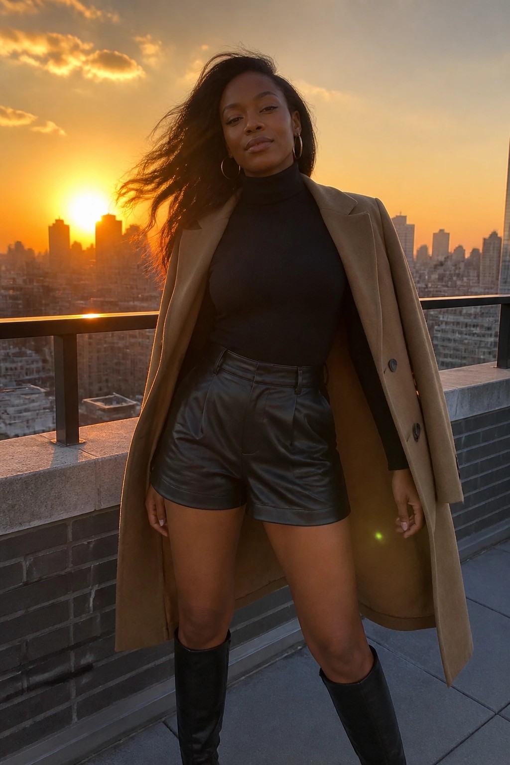 Woman in tan coat and black leather shorts on sunset city rooftop with windblown hair