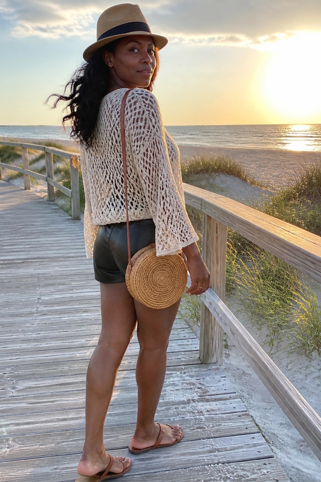 Woman in crochet sweater and straw hat on sunset beach boardwalk