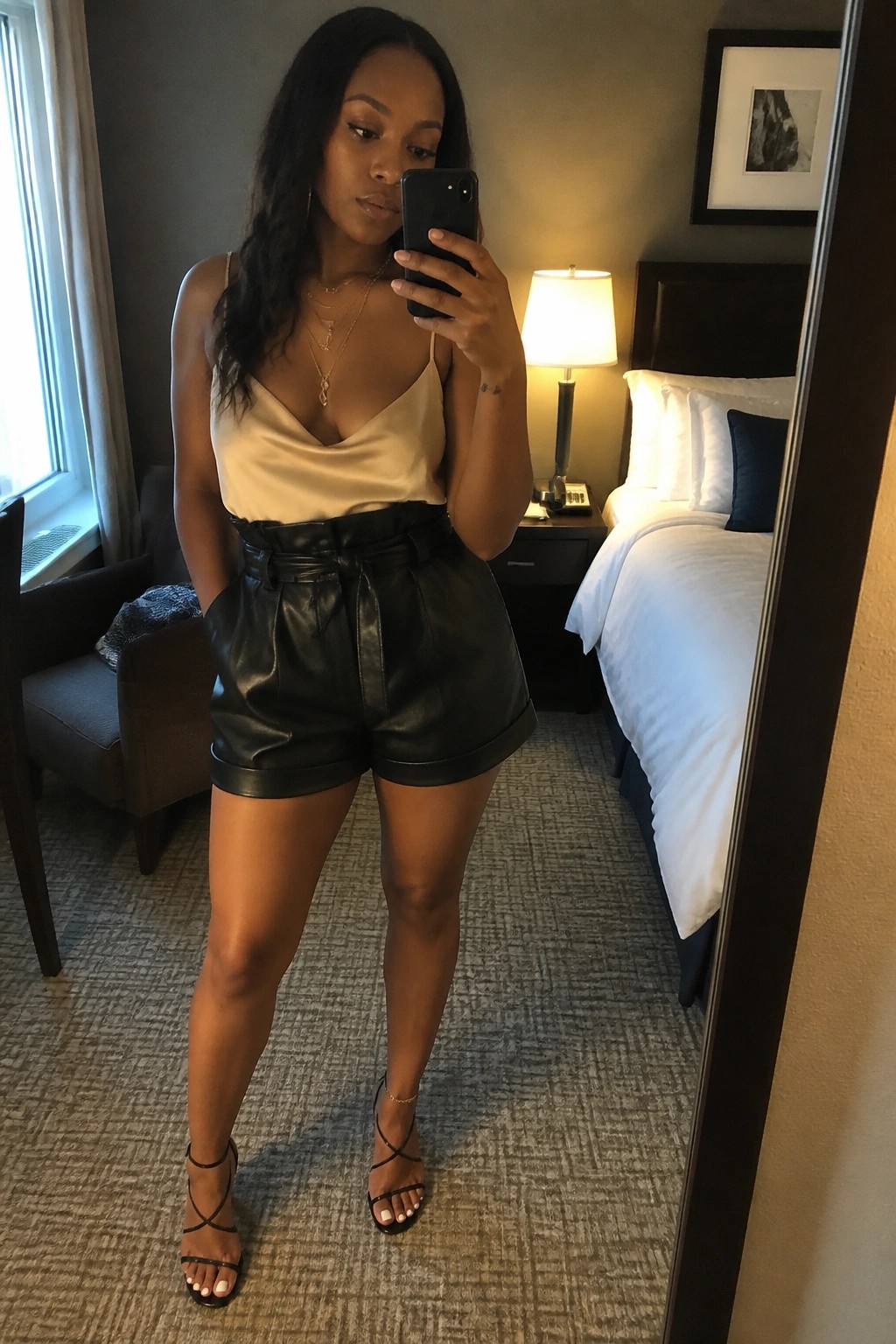 Woman in cream satin top and black leather shorts taking mirror selfie in hotel room