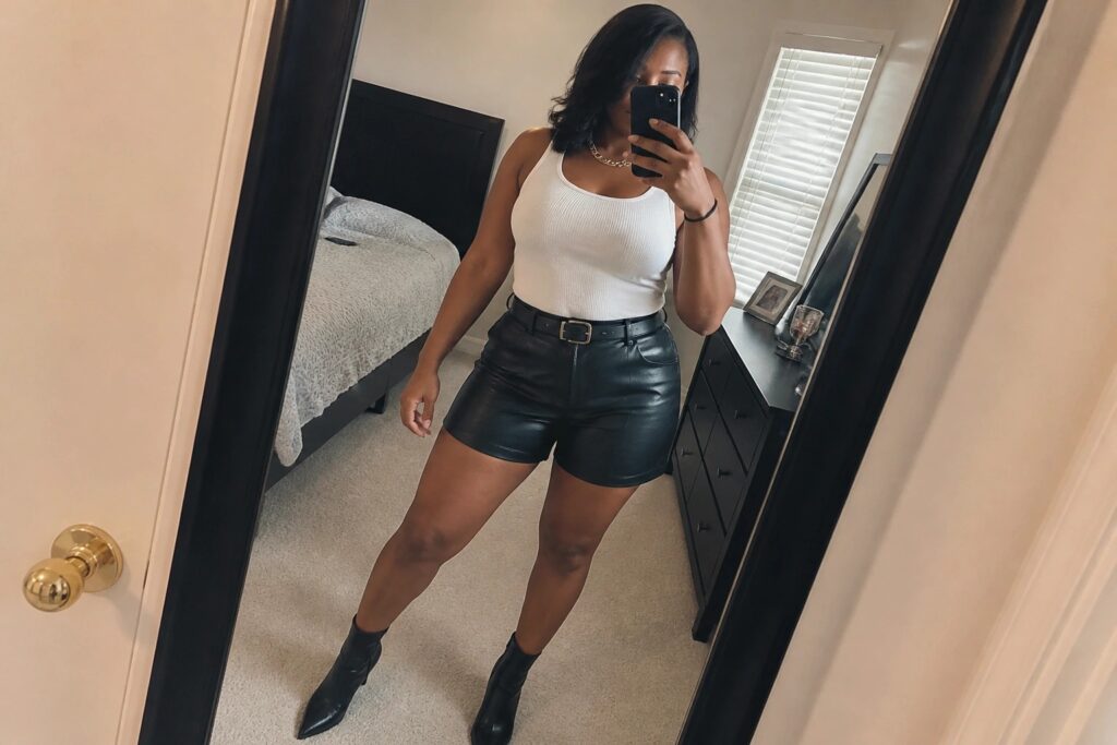 Woman in white tank top and black leather shorts taking bedroom mirror selfie