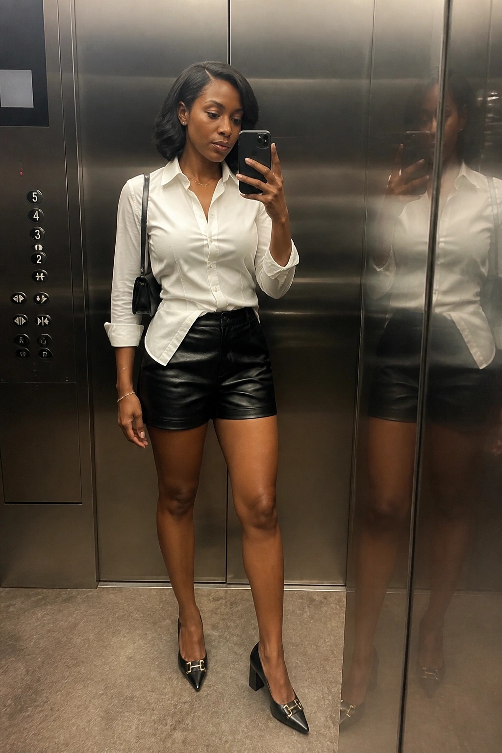 Woman in white shirt and black leather shorts taking mirror selfie in elevator