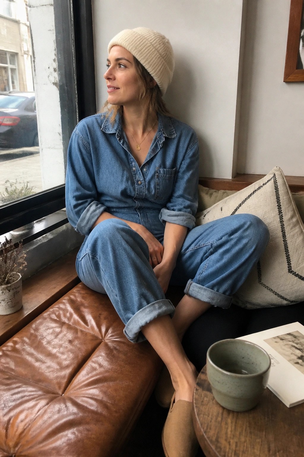 Woman wearing a blue denim jumpsuit with rolled sleeves and cuffs, cream beanie, gold necklace, and beige flat shoes seated by a window.