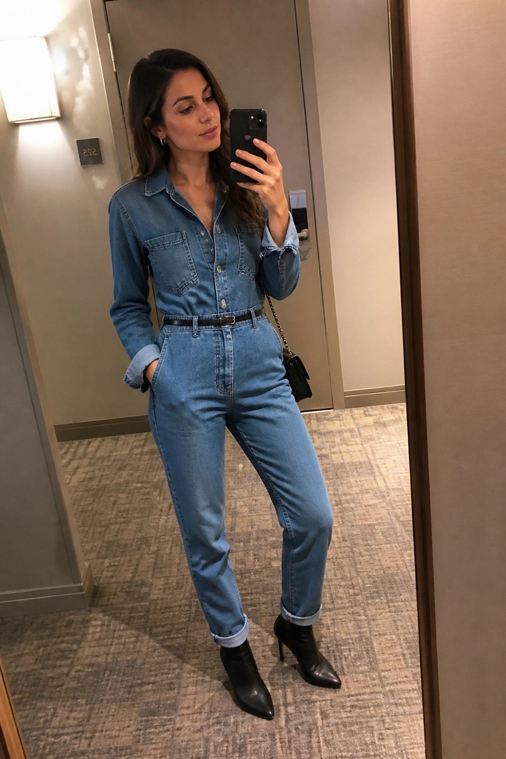 Woman in blue denim jumpsuit holds phone for mirror selfie wearing black boots