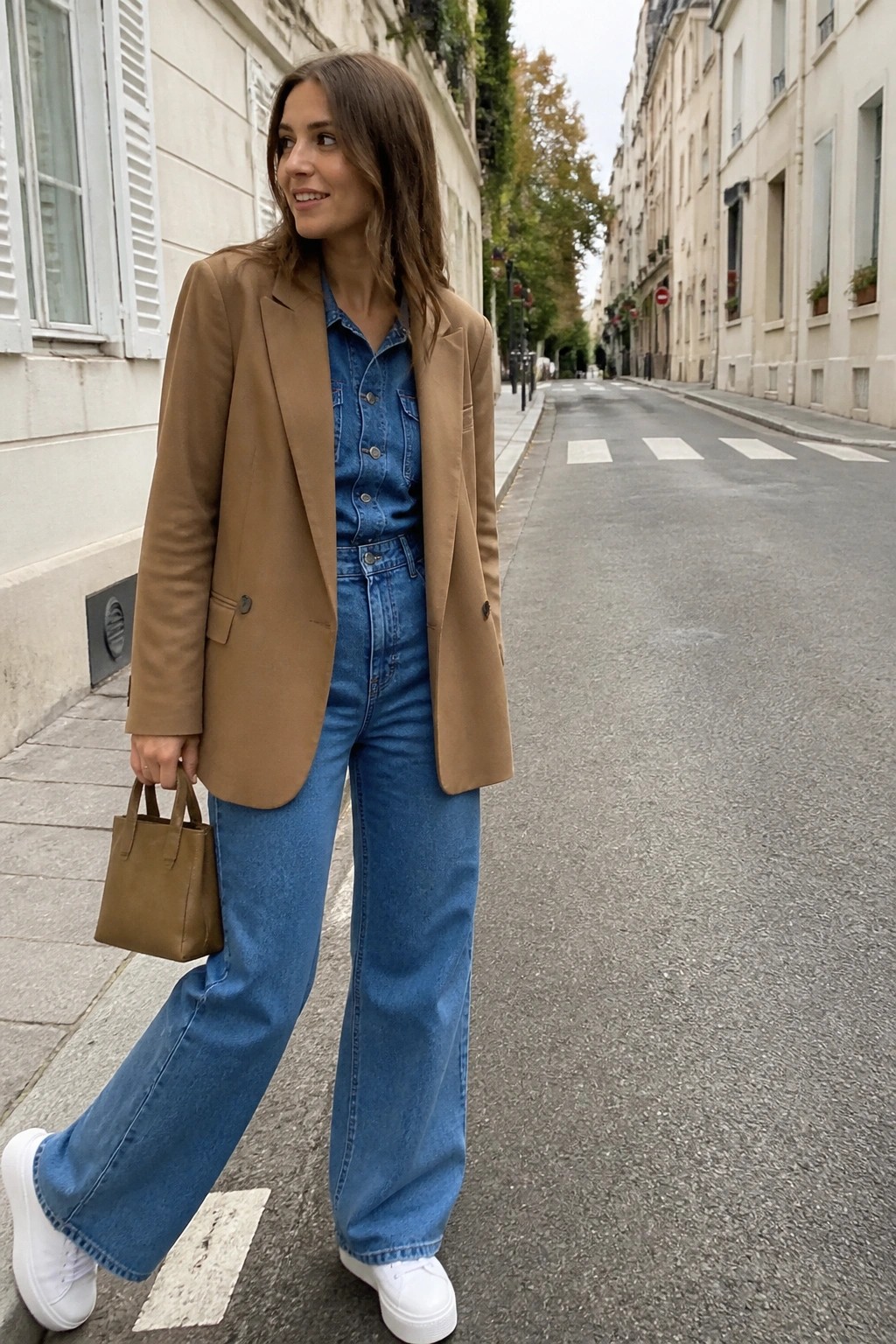 Woman in tan blazer over blue denim on city street holding brown bag