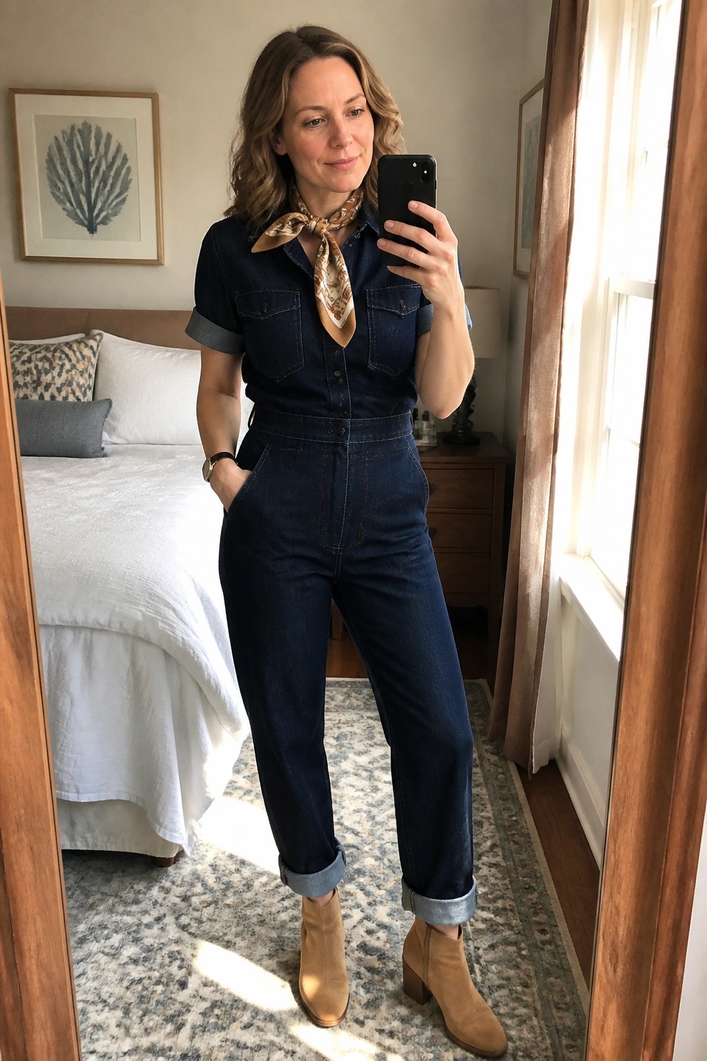 Woman in blue denim jumpsuit with scarf taking mirror selfie in bedroom