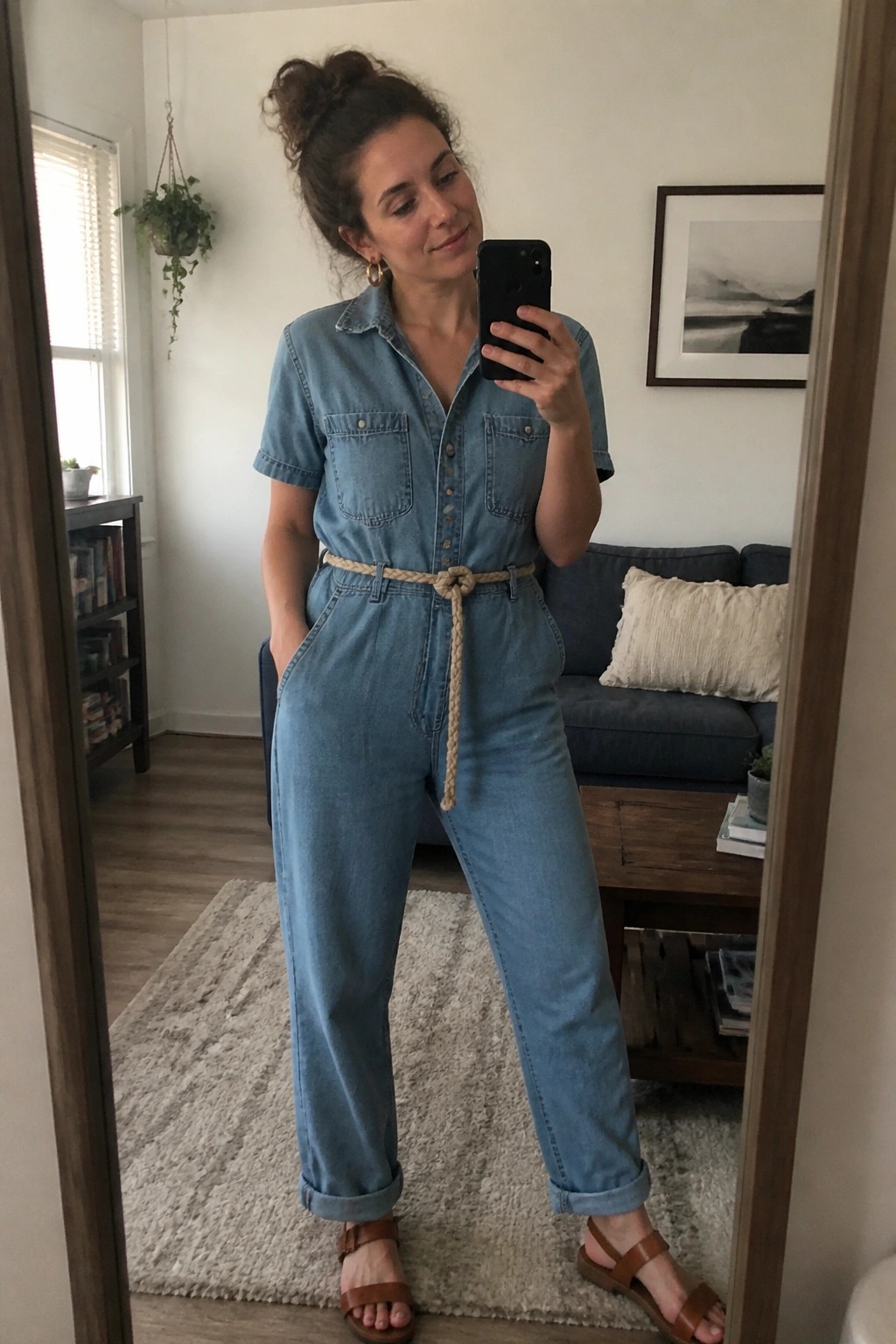 Woman wearing light blue short sleeve denim jumpsuit with rope belt tied at waist, cuffed hems, and brown sandals while taking a mirror selfie.
