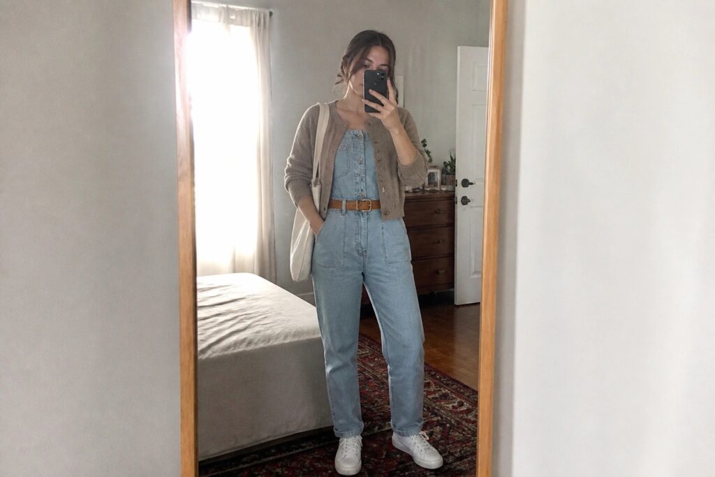20 Chic Denim Jumpsuit Outfits That Elevate Casual Streetwear Woman wearing light wash denim jumpsuit with beige knit vest, brown belt, white sneakers, and tote bag in mirror selfie.