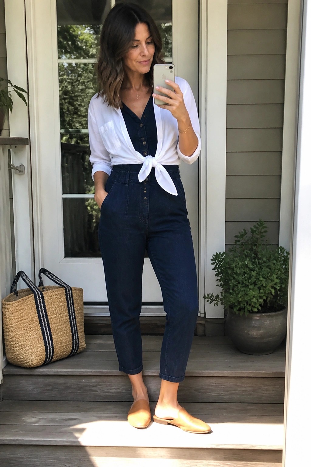 Woman in white tied shirt and navy denim jumpsuit on wooden porch steps