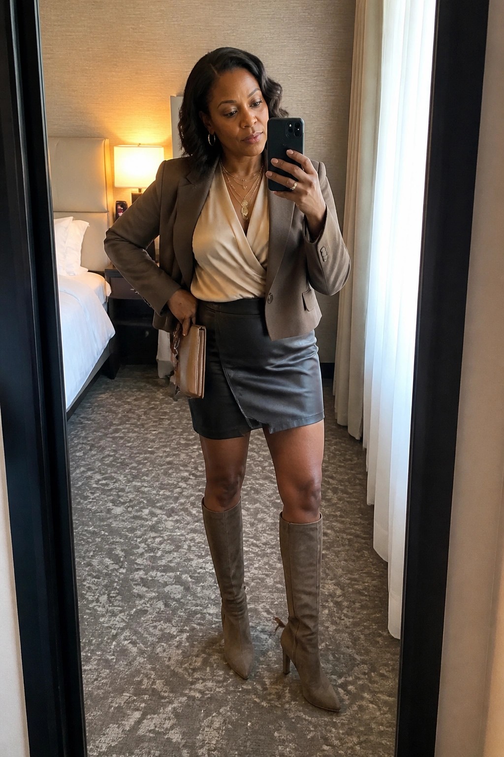 Woman in taupe blazer, satin top, leather skirt and boots taking mirror selfie in hotel room.