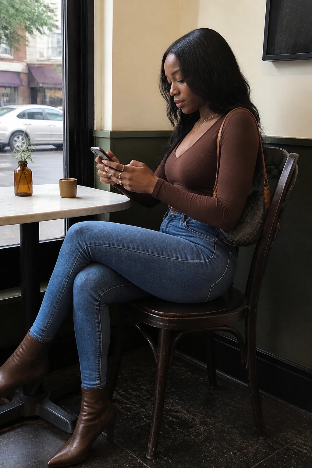Woman in brown top and blue jeans sits using smartphone in cafe