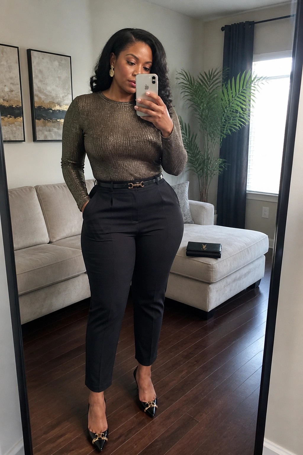 Woman in metallic gold top and black pants taking mirror selfie in living room