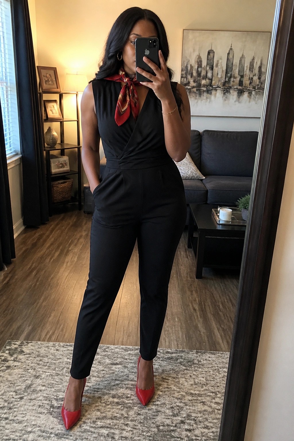 Woman in black jumpsuit with red scarf taking mirror selfie in living room