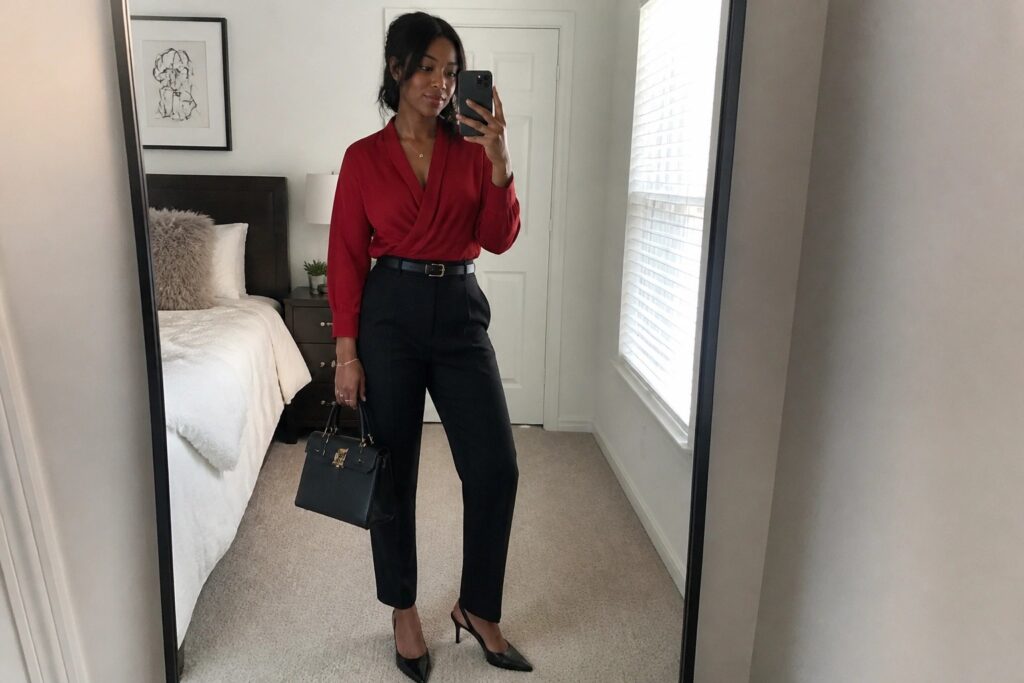 20 Elegant Red and Black Outfits for Black Women Perfect for Day and Night Woman in red wrap blouse and black pants taking bedroom mirror selfie with handbag