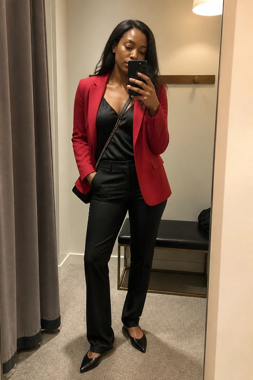 Woman in red blazer and black outfit taking mirror selfie in dressing room
