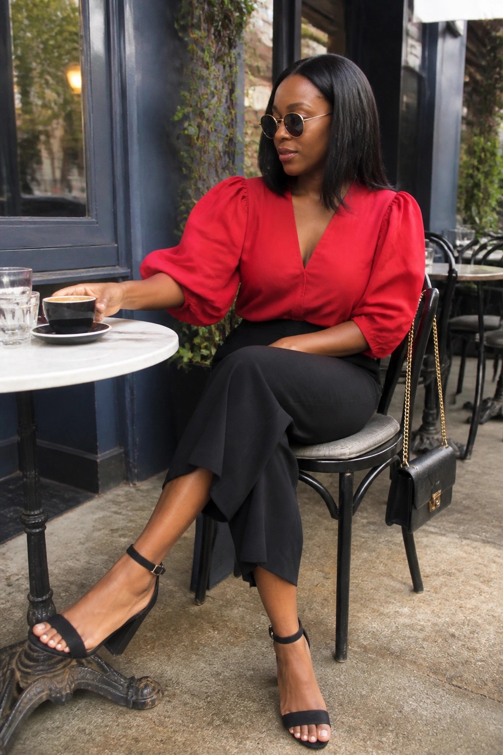 Woman in red puff-sleeve top holding espresso at outdoor cafe with black handbag