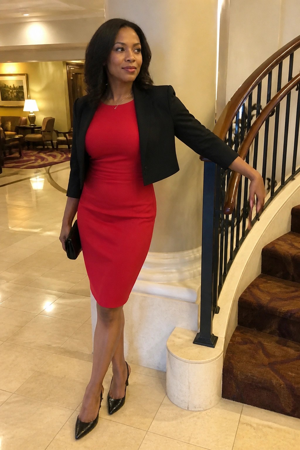 Woman in red dress and black blazer leaning on marble staircase railing