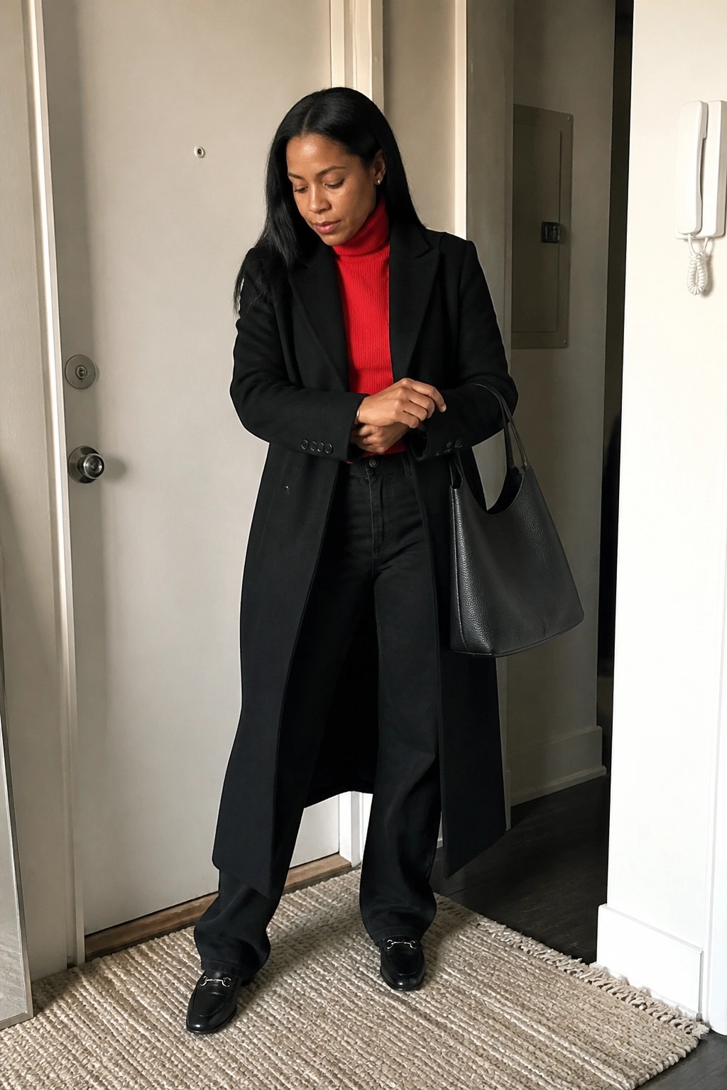 Woman in red turtleneck, long black coat, and wide pants holding a leather tote.
