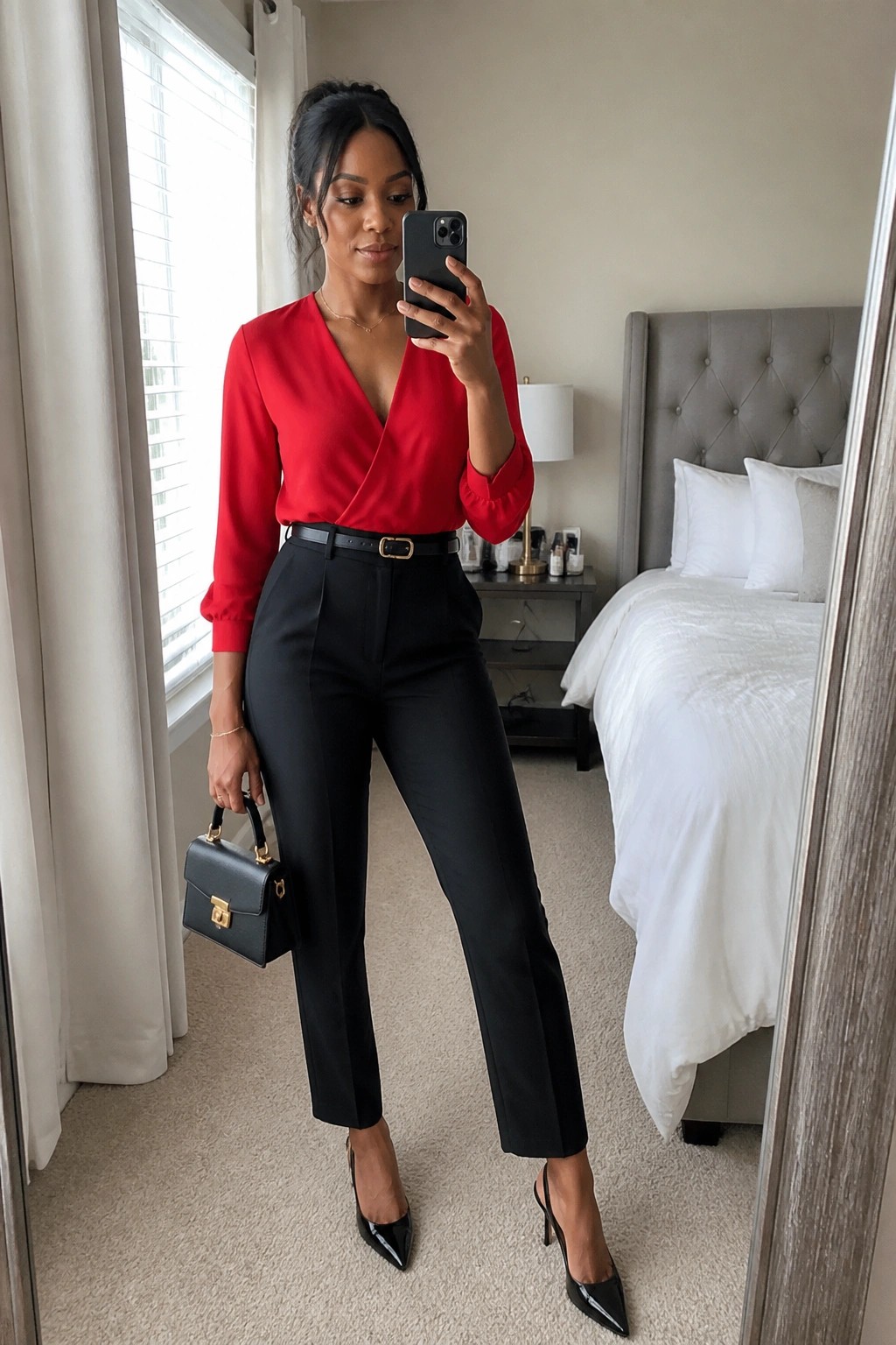 Woman in red wrap blouse and black pants taking bedroom mirror selfie with handbag