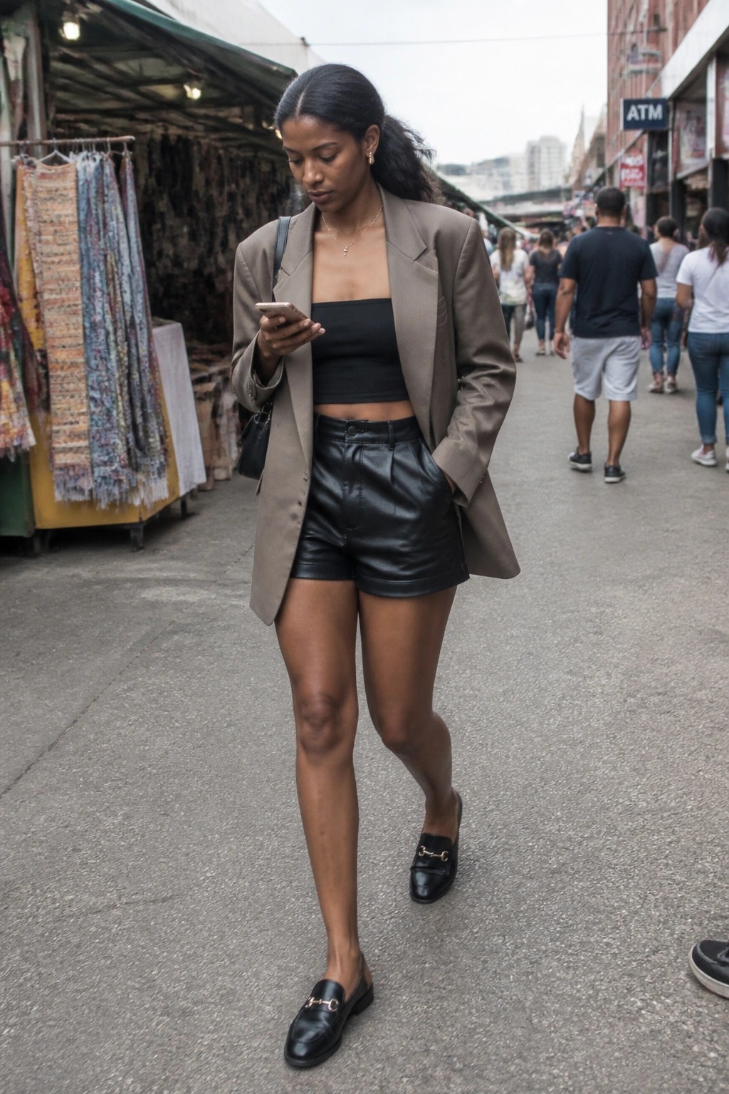 Woman in taupe blazer and black leather shorts checks phone at market