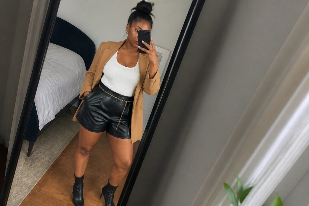 20 Fierce Baddie Leather Shorts Outfit Ideas for Black Women Woman in tan blazer, white tank, black leather shorts with gold chain, taking bedroom mirror selfie