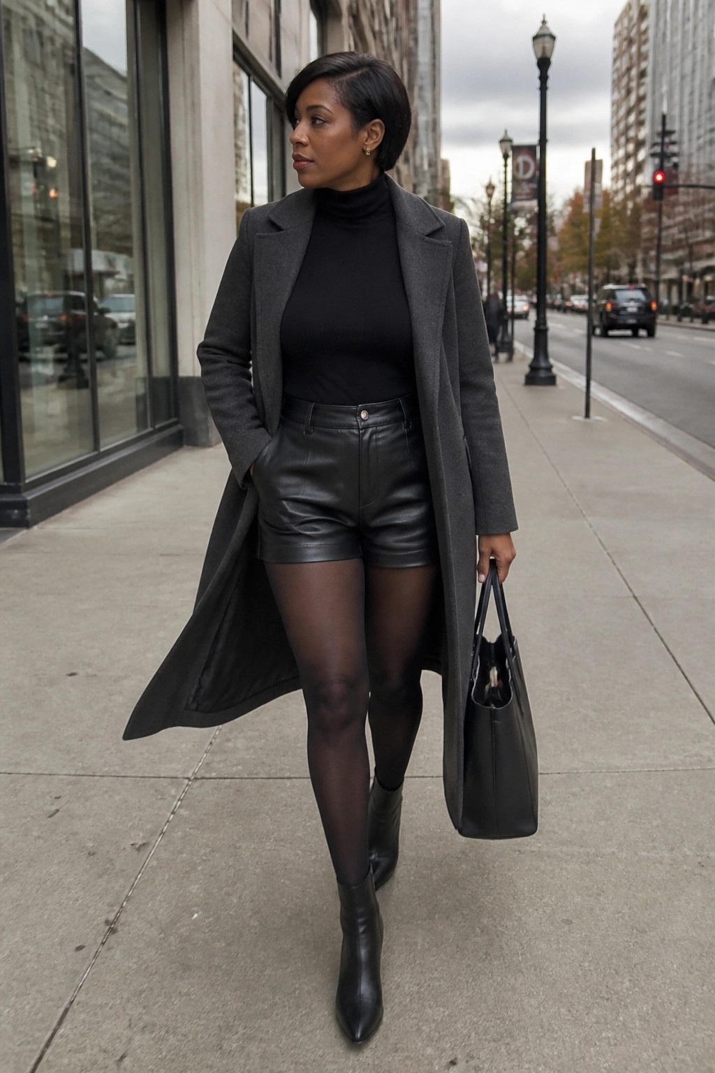 Woman in black turtleneck, gray coat, and leather shorts on city sidewalk