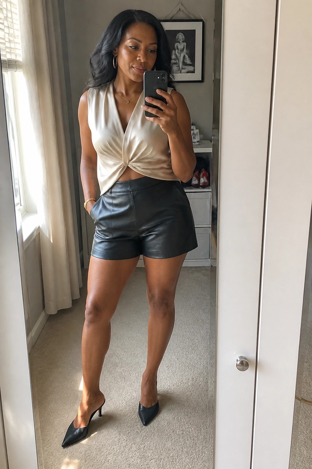 Woman in champagne satin twist top and black leather shorts taking mirror selfie.