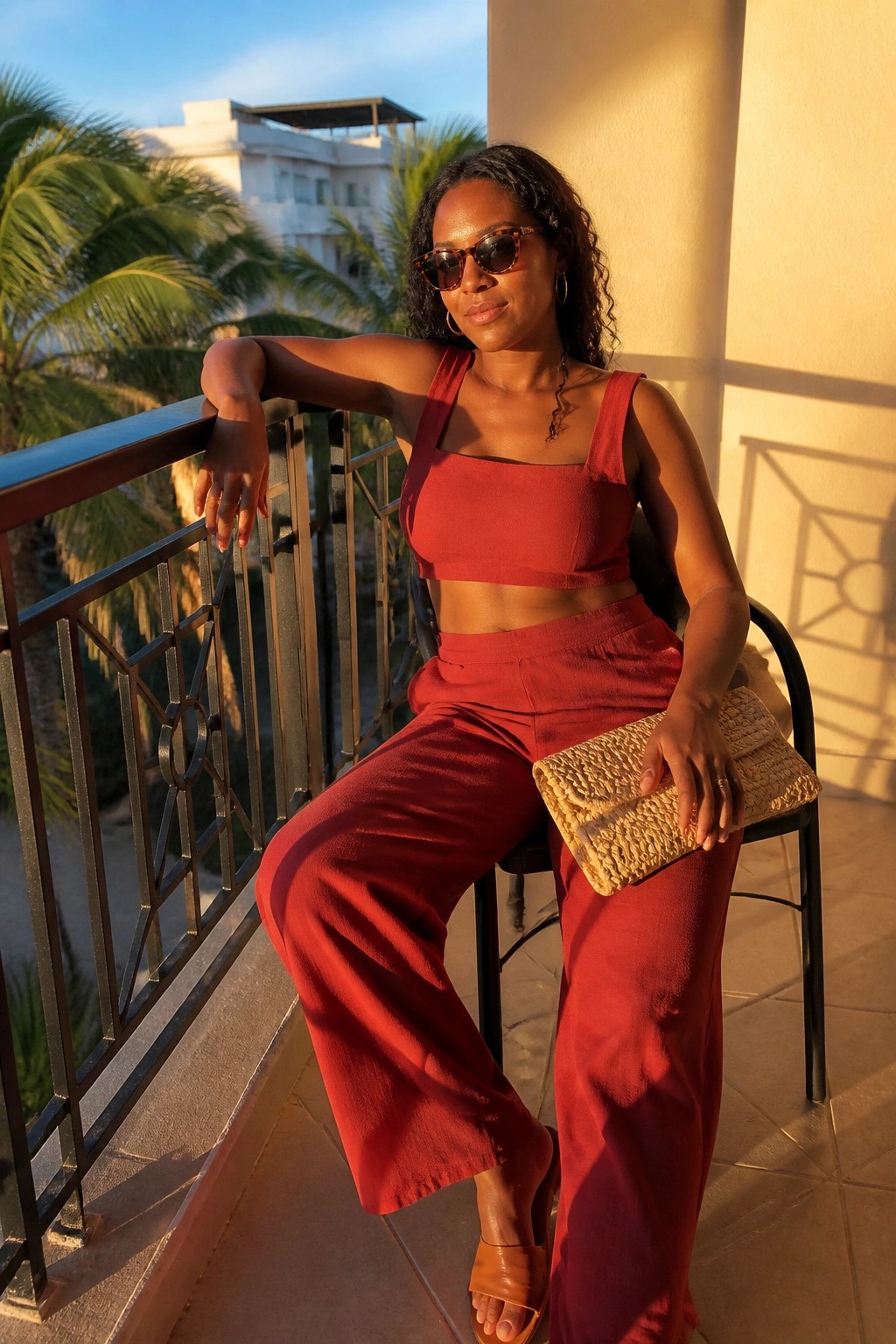 Woman in red two-piece outfit seated on balcony holding woven clutch