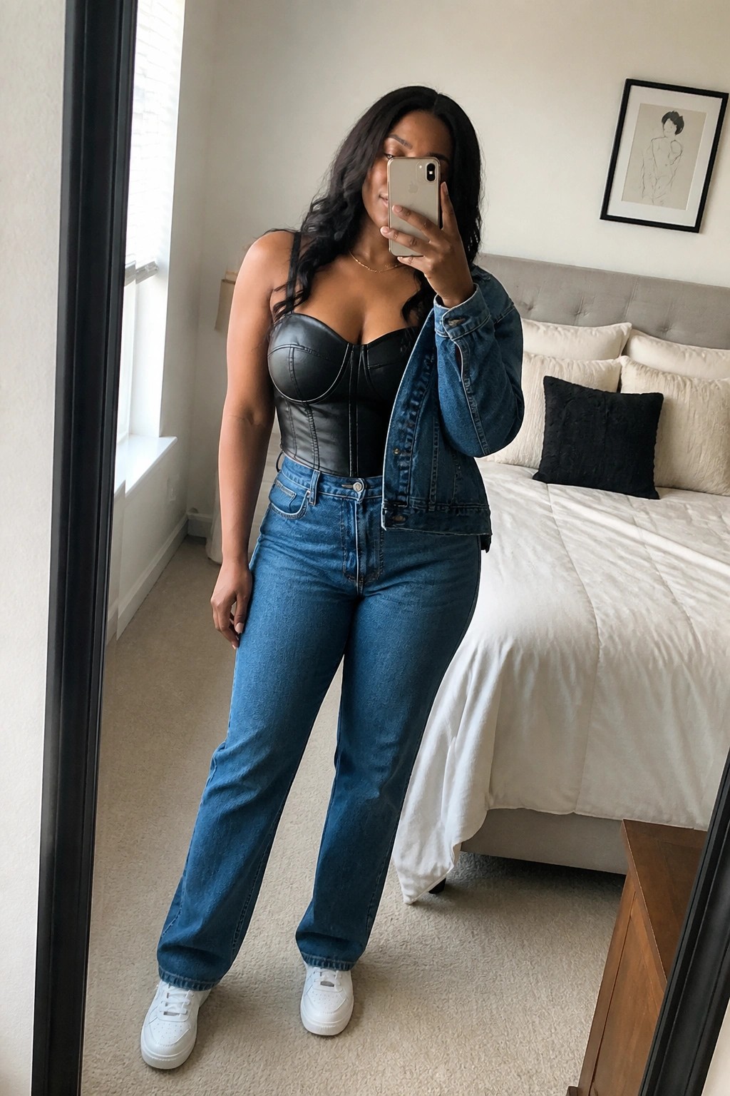 Woman in black corset top, denim jacket, and jeans taking bedroom mirror selfie.