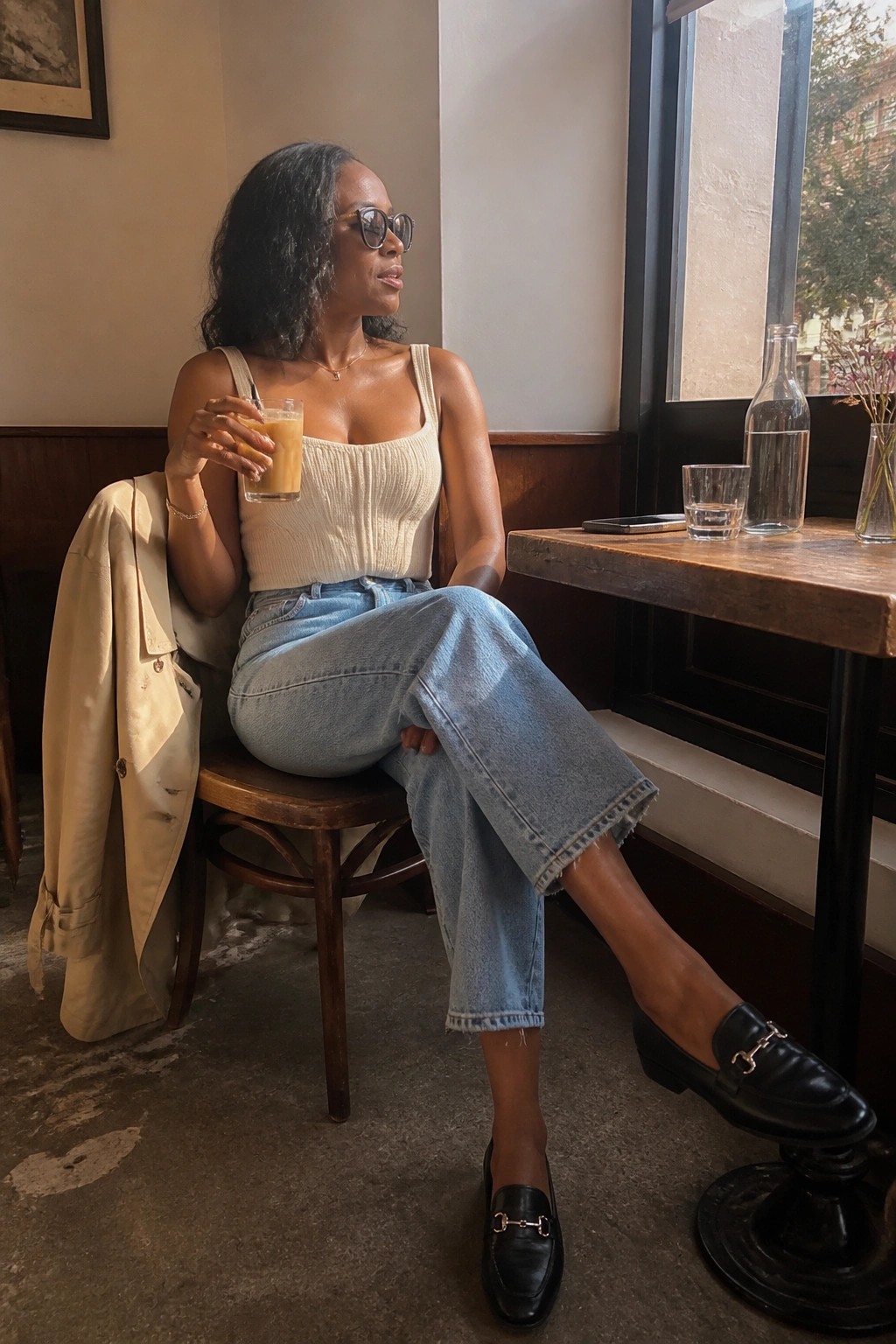 Woman in beige top and jeans holding drink at sunlit cafe table by window